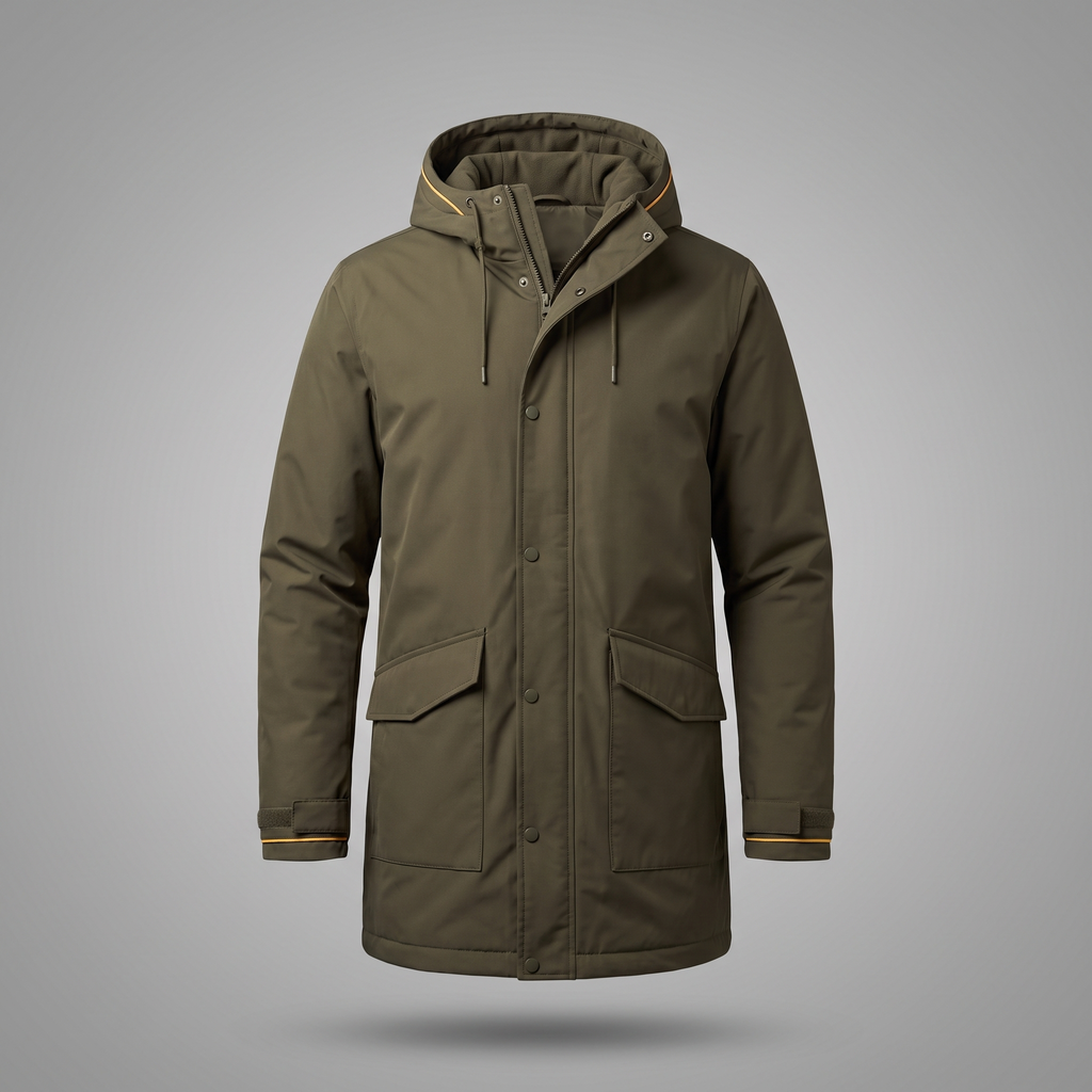 Men's Classic Streetwear Hooded Parka in olive green, front view