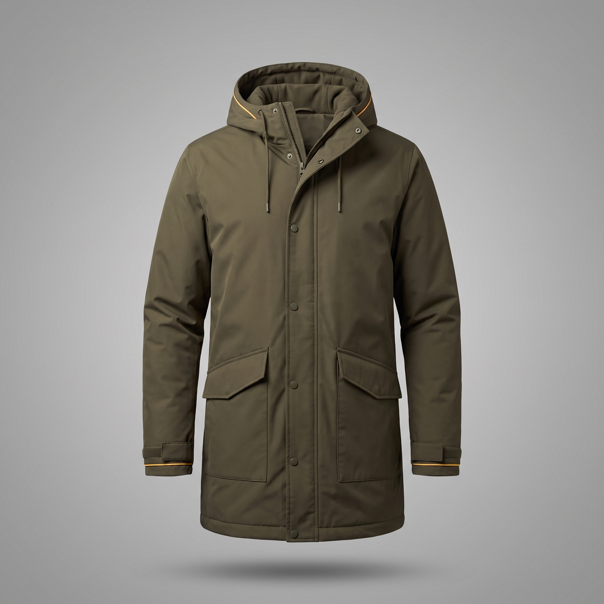 Men's Classic Streetwear Hooded Parka in olive green, front view