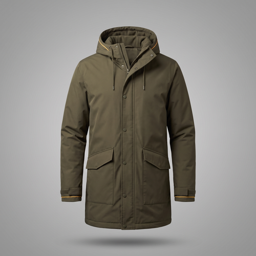 Men's Classic Streetwear Hooded Parka in olive green, front view