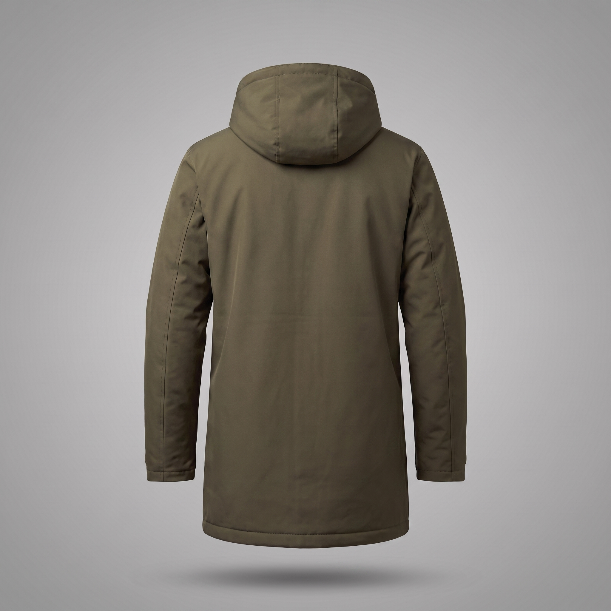 Hooded Parka in olive green, back view