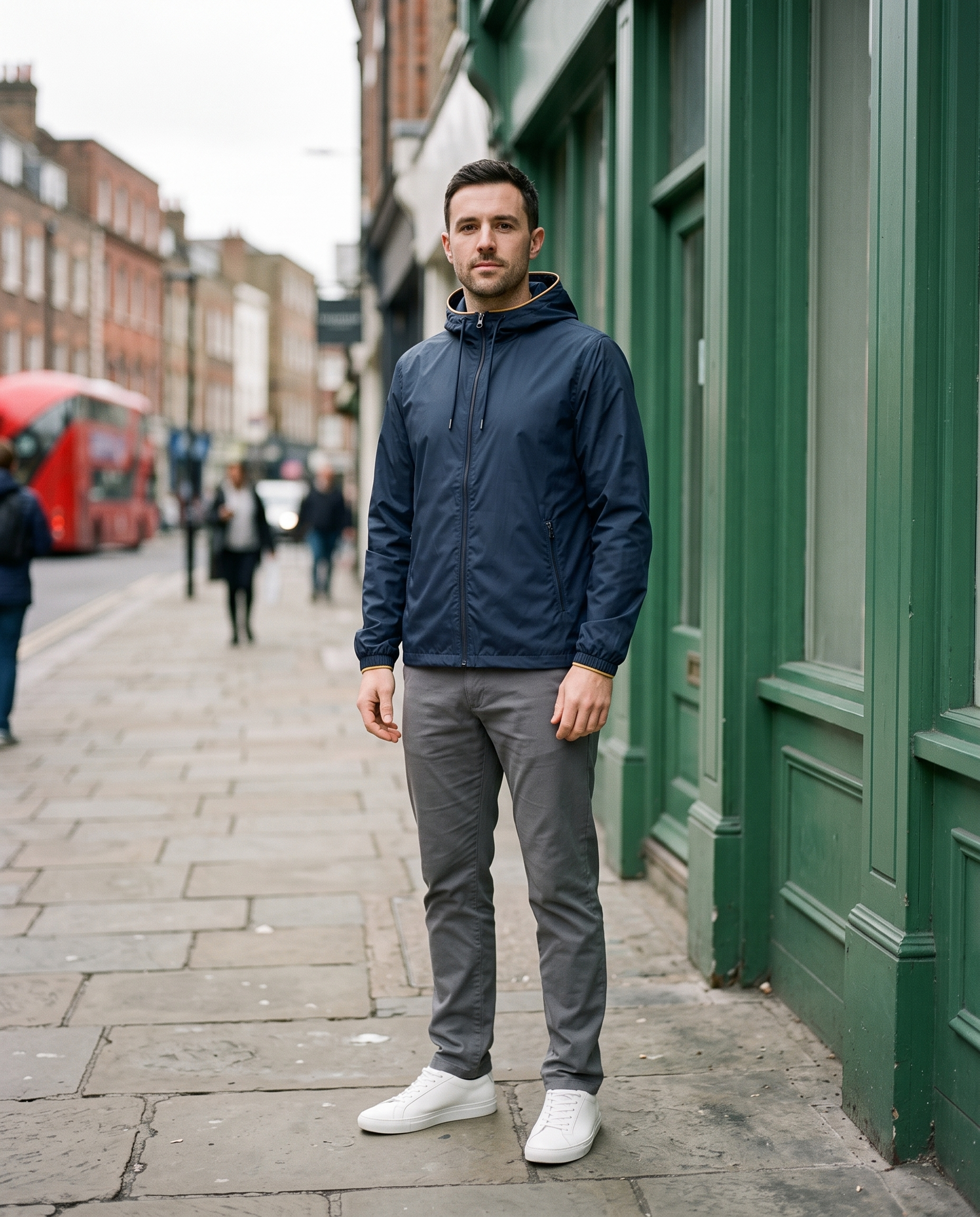 Man wearing navy windbreaker on a city street