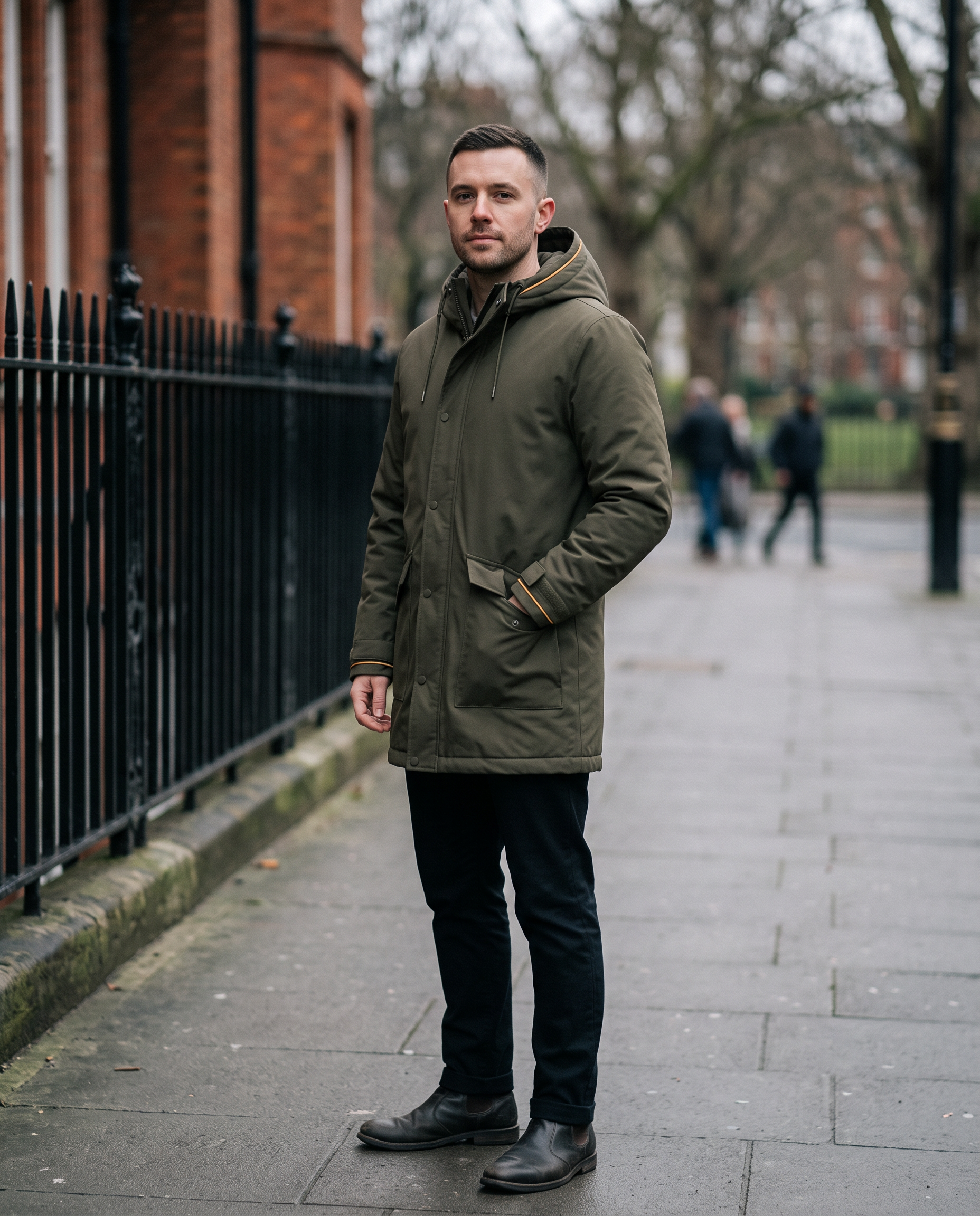 Man wearing olive green hooded parka beside iron railings