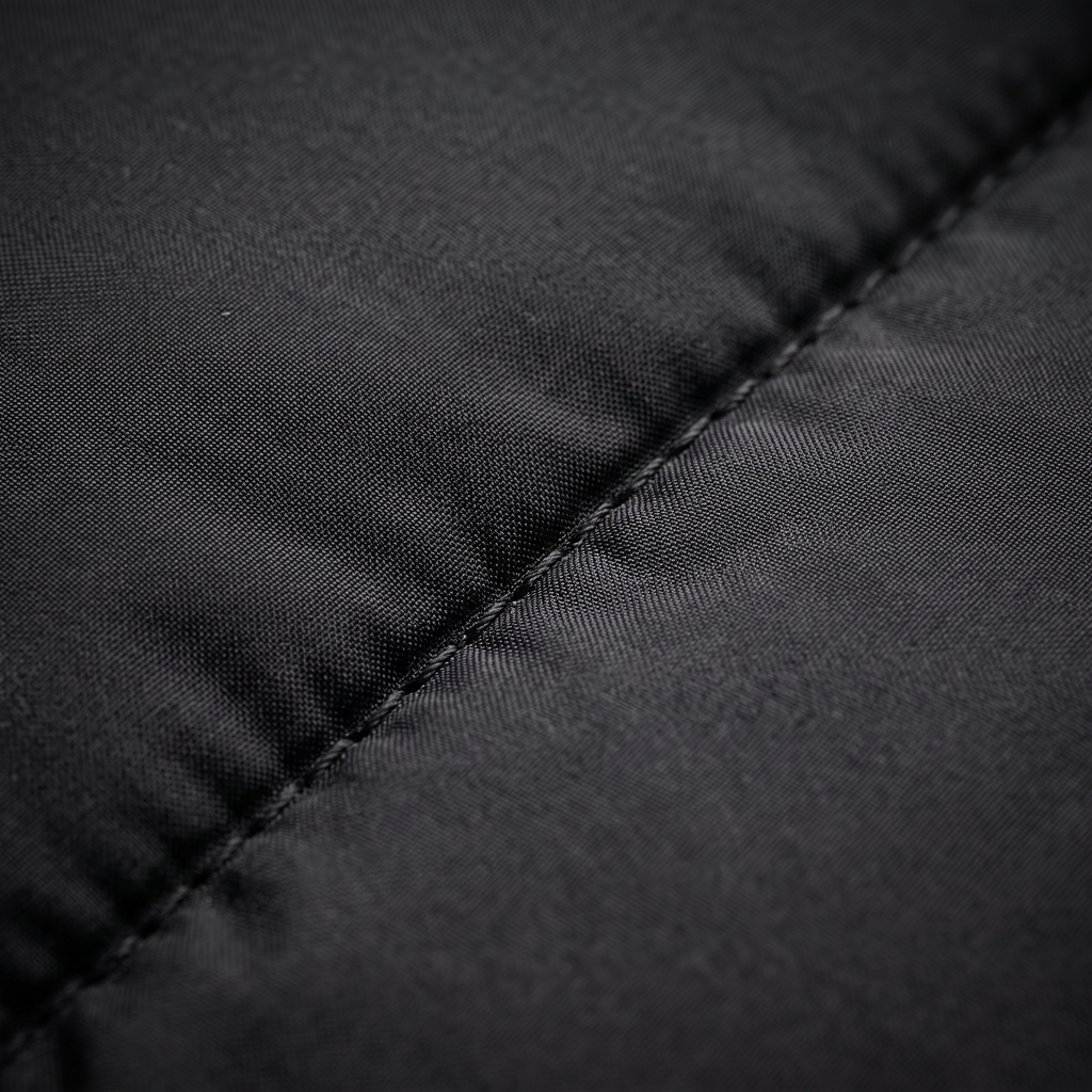 Black puffer jacket quilted nylon fabric macro