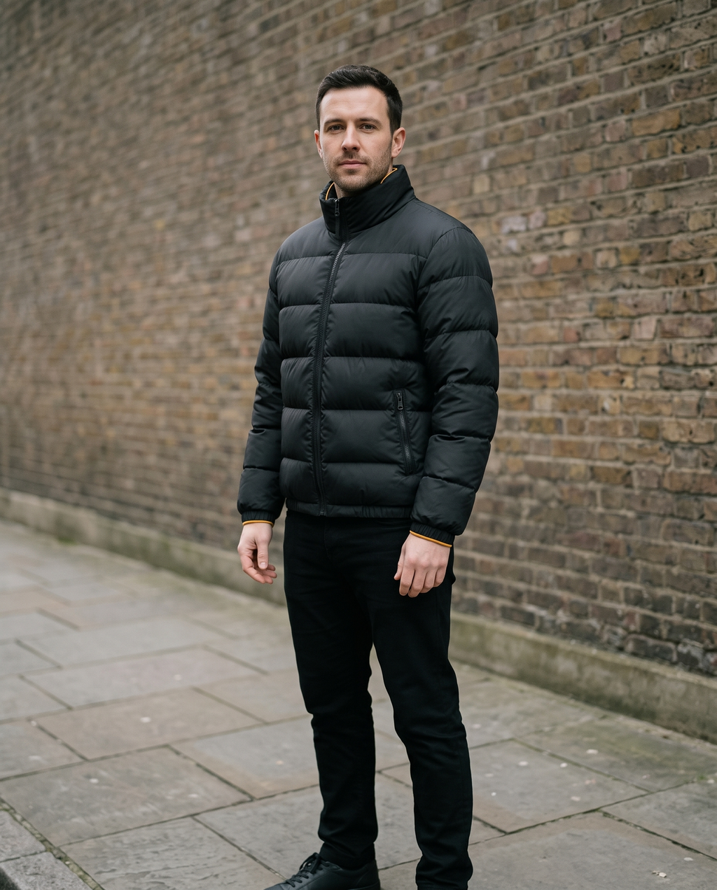 Man wearing black puffer jacket on a city street