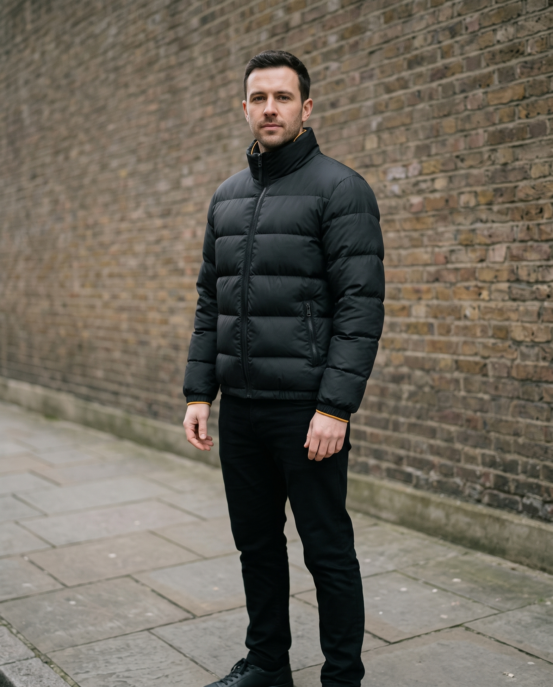 Man wearing black puffer jacket on a city street