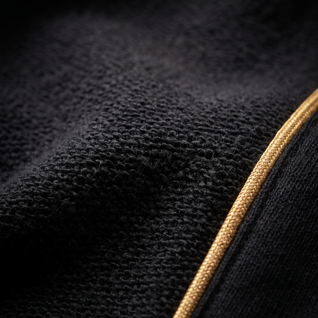Black brushed-back fleece fabric macro with gold stripe