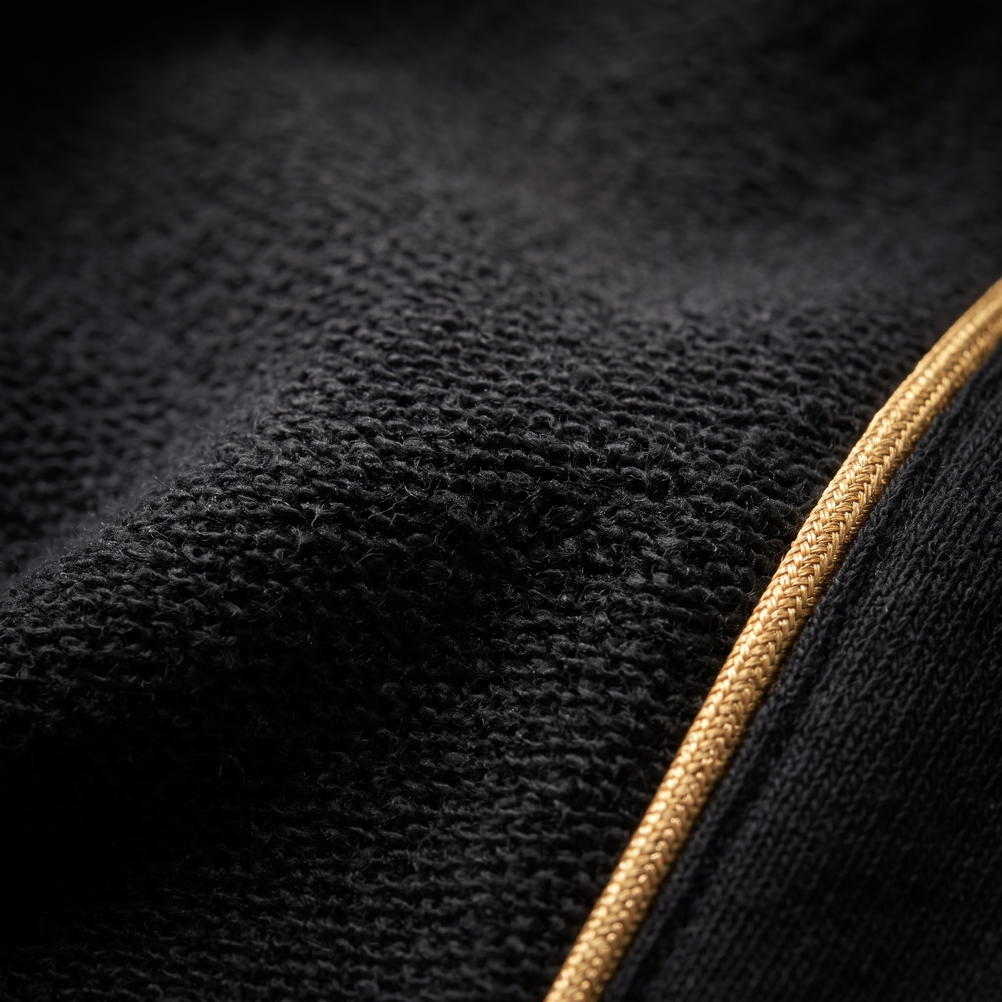 Black brushed-back fleece fabric macro with gold stripe