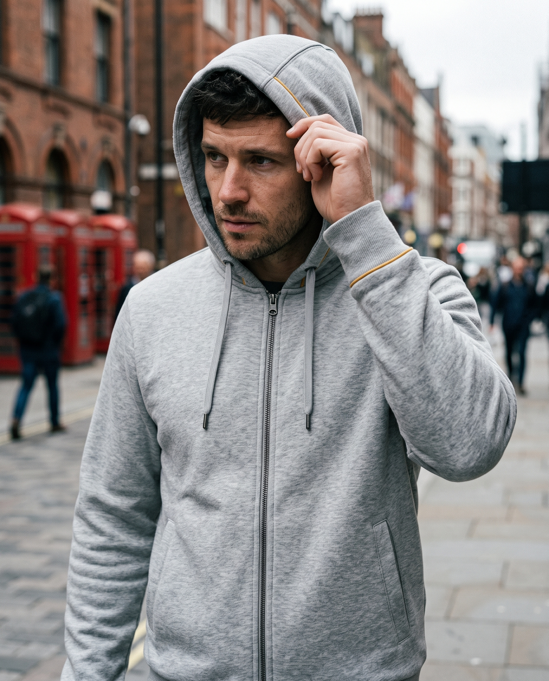 Close crop of grey marl hoodie with hood up