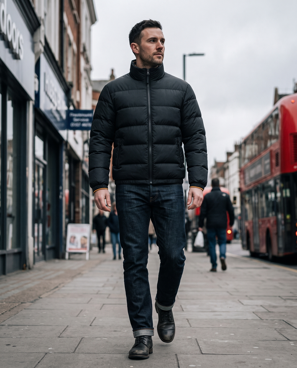 Man walking in black puffer jacket, low angle