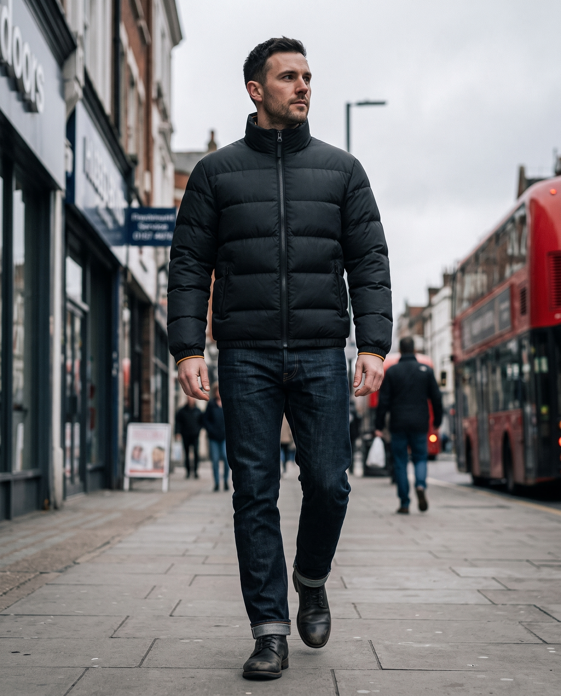 Man walking in black puffer jacket, low angle