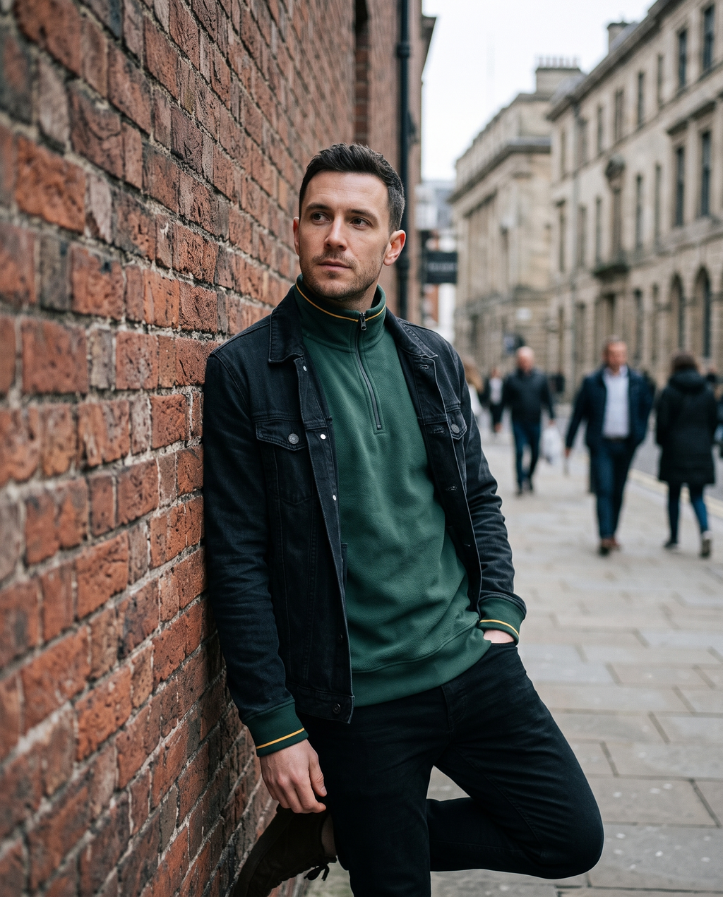 Man leaning against a brick wall in forest green half-zip fleece
