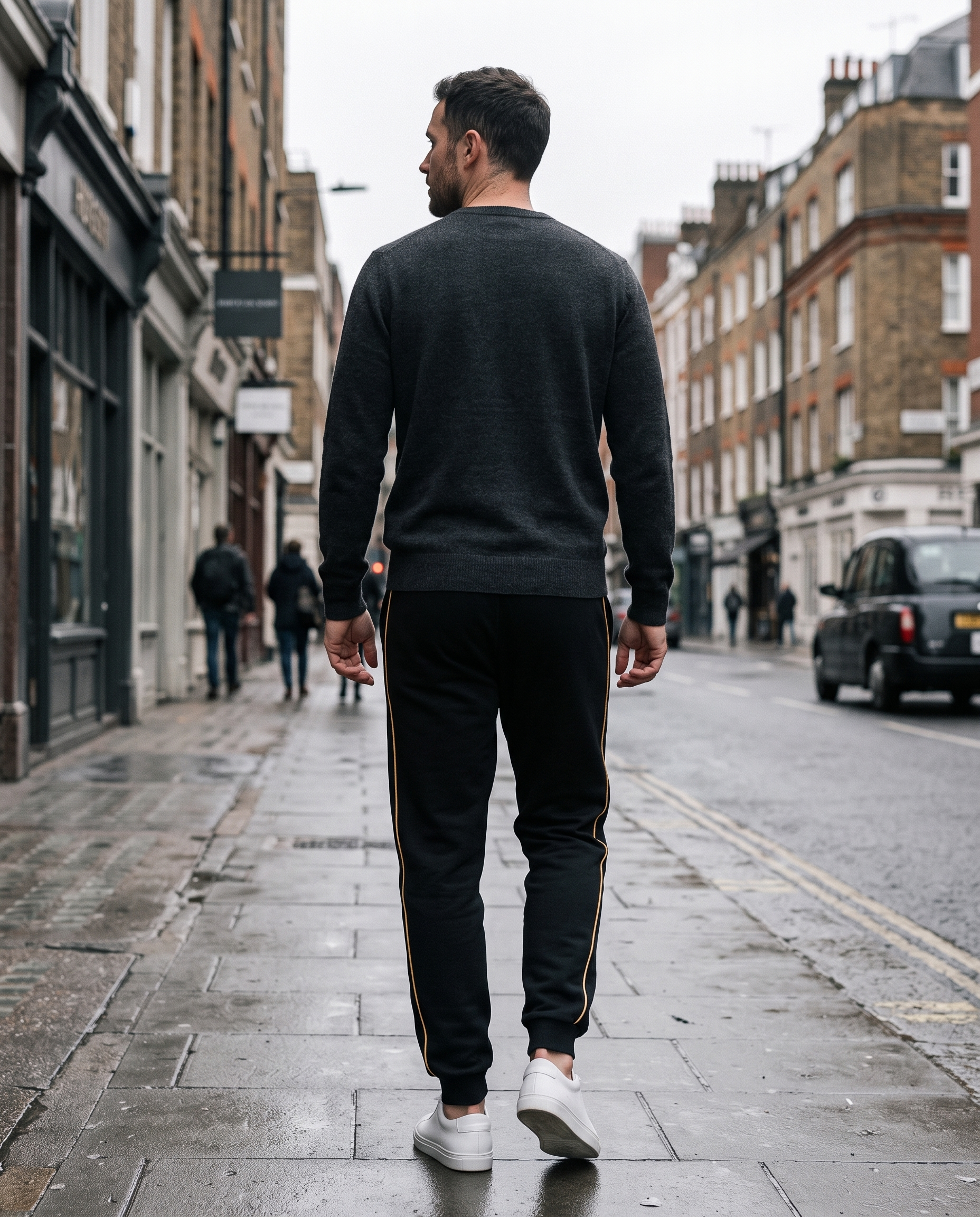 Man walking away wearing black track pants, gold side stripe visible