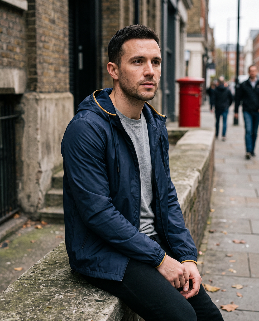 Man seated on a ledge wearing navy windbreaker