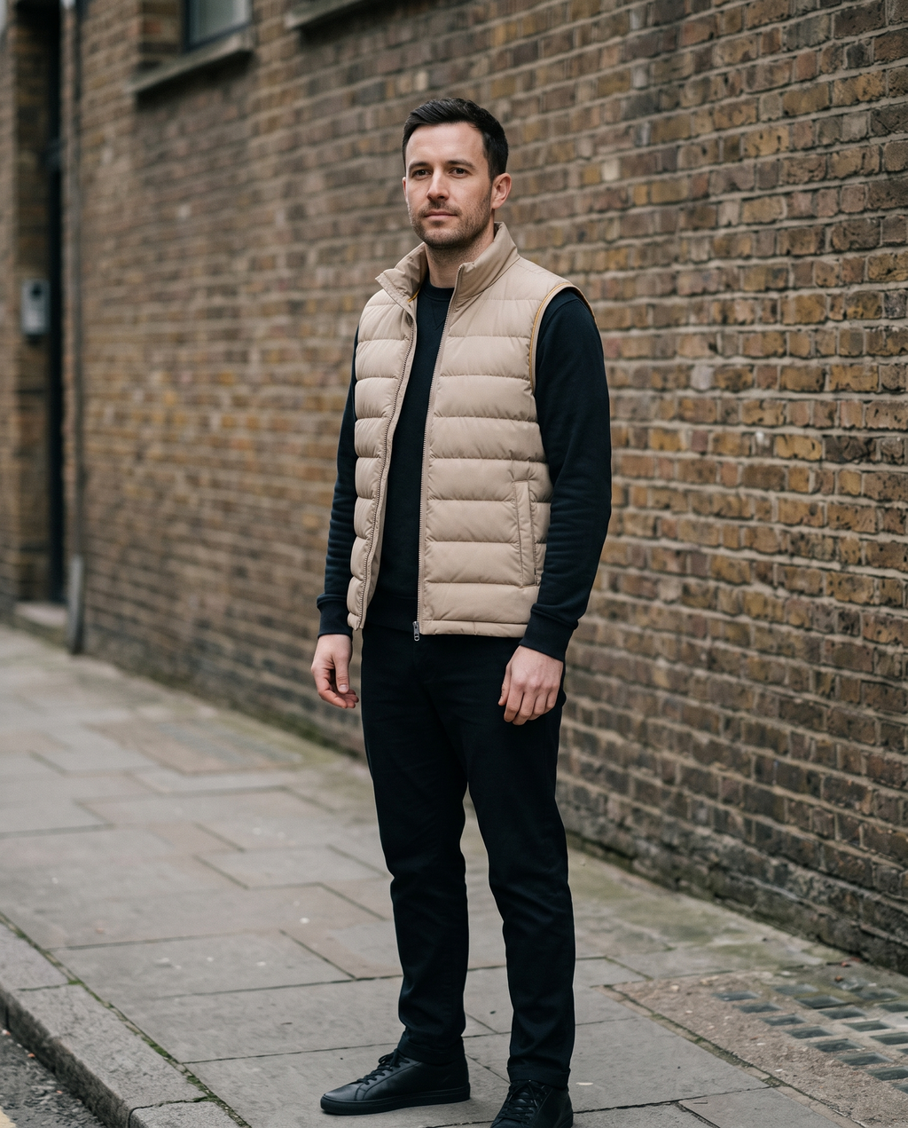 Man wearing sand beige quilted gilet on a city street