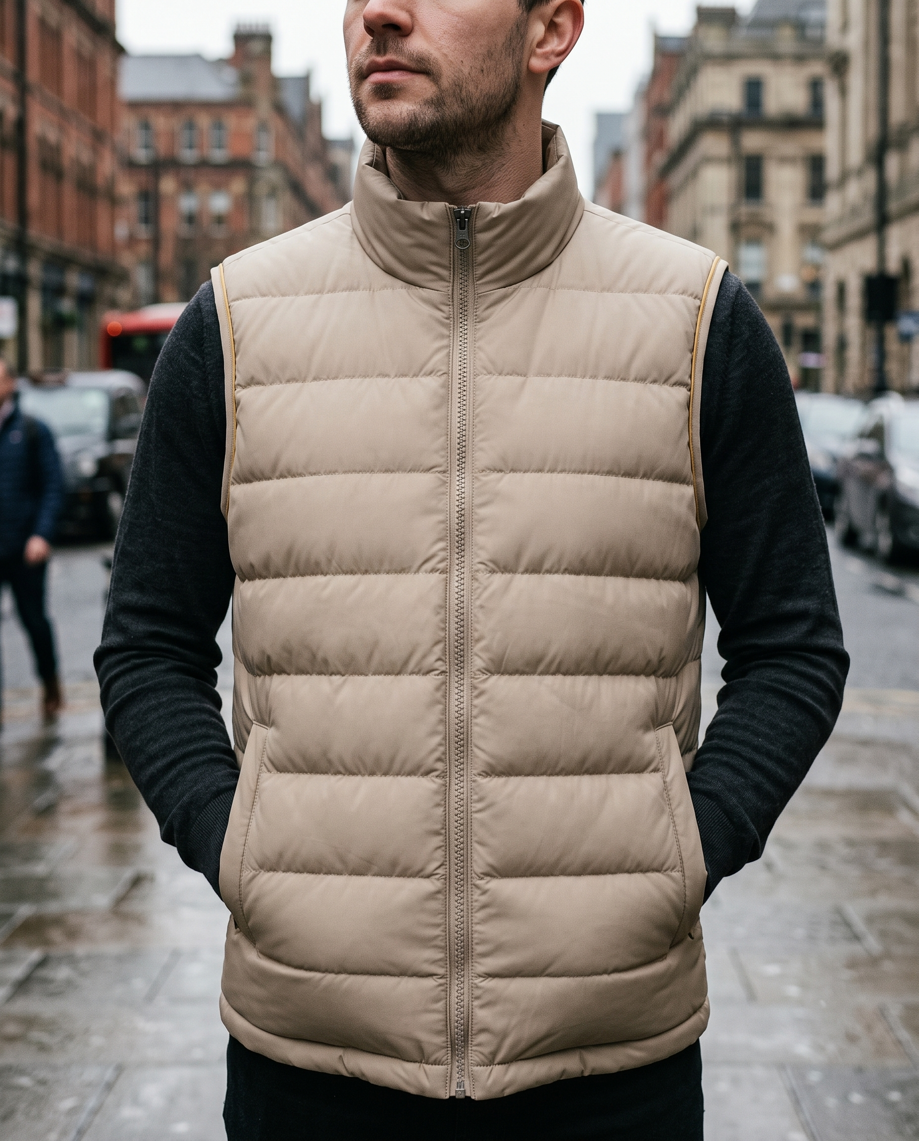 Close crop of sand beige gilet worn over a dark top